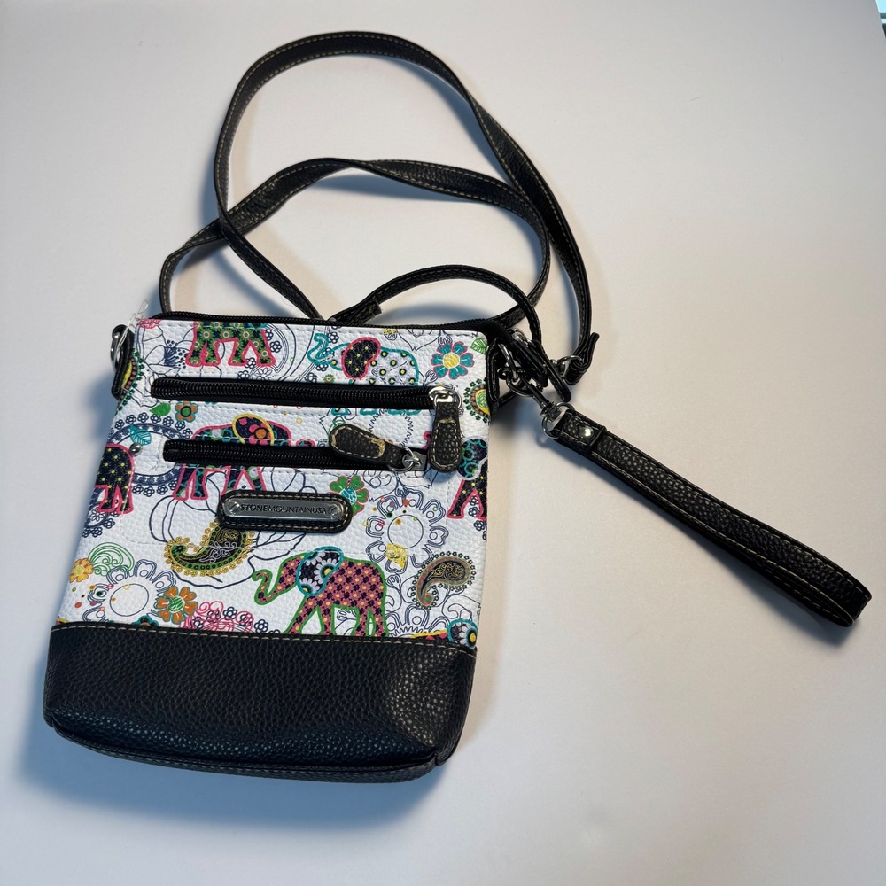 Stone Mountain USA Elephant Paisley Crossbody Bag White Black Multi Color Pocket